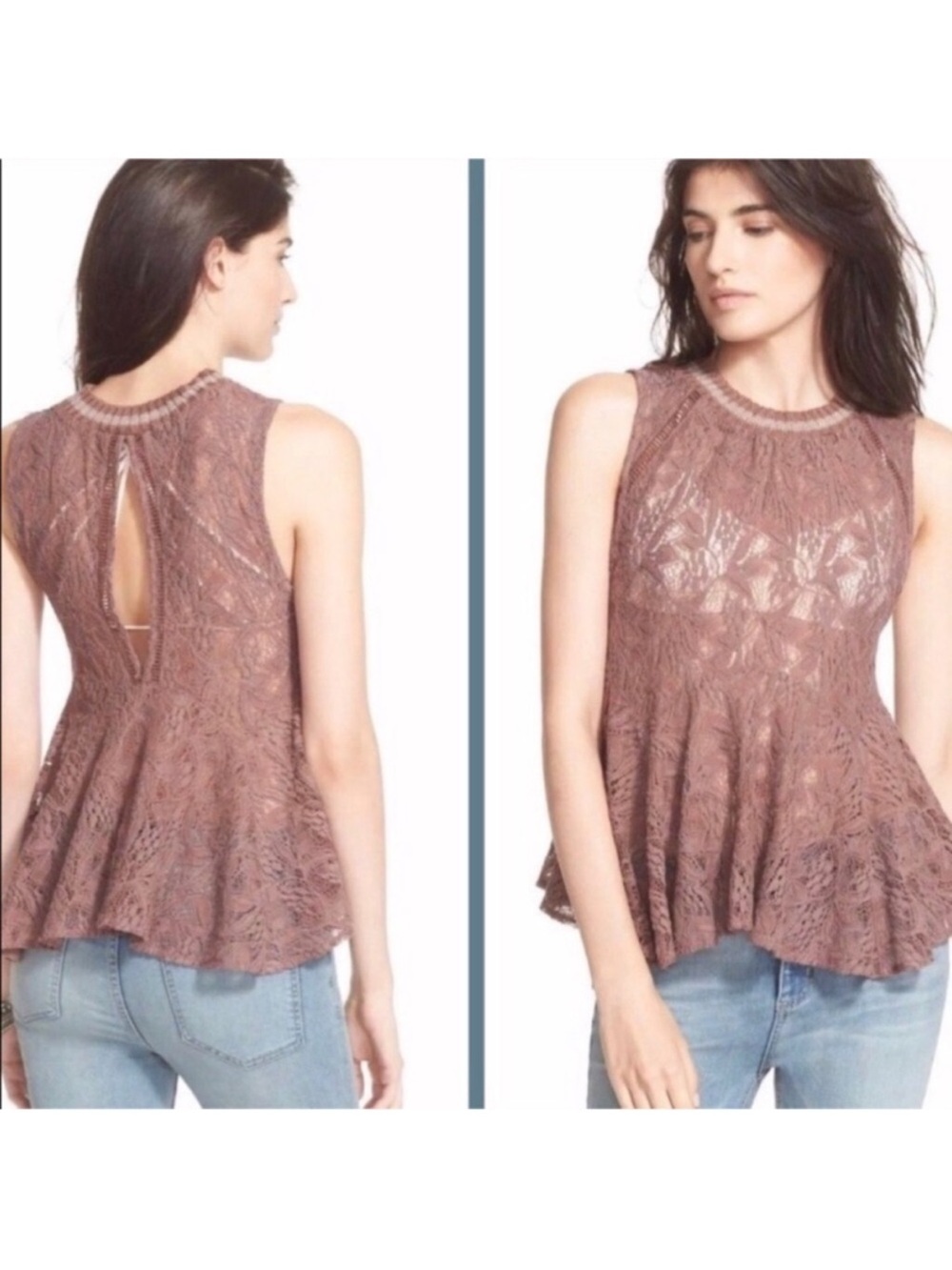 Free People Maisie Sleeveless Lace Peplum Tank in Mauve Brown Large